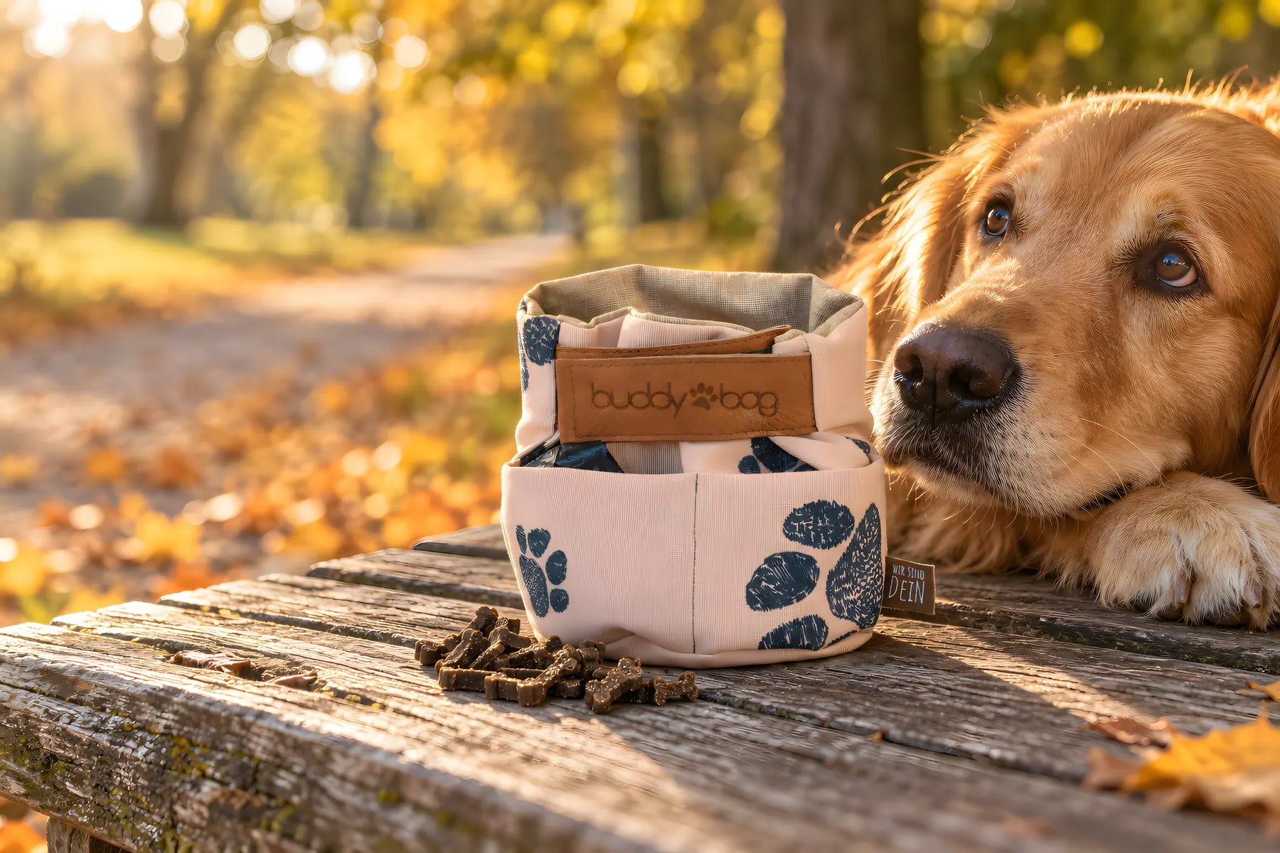 Buddybag mit Leckerlis auf einer Holzbank im Herbstwald, daneben ein Golden Retriever