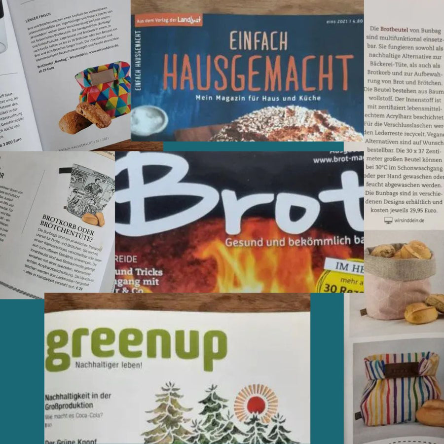 Ausschnitte aus den Magazinen Einfach Hausgemacht, Brot und Green Up mit Artikeln über den Bunbag