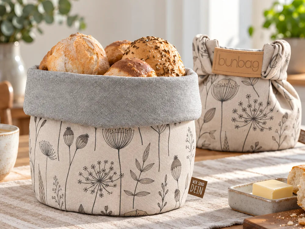 Bunbag „Polline“ umgekrempelt als Brotkorb mit frischen Brötchen auf dem Frühstückstisch