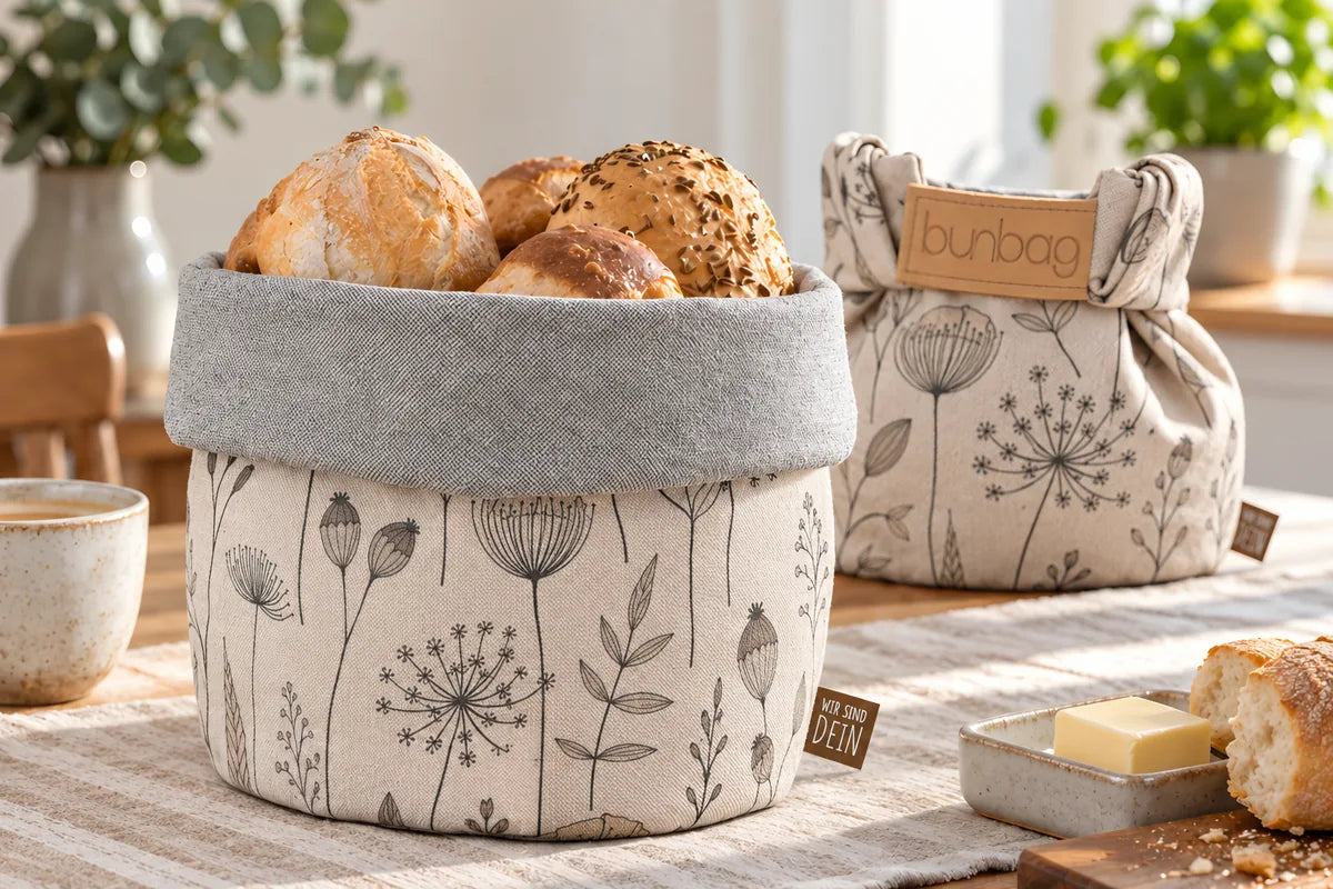 Bunbag „Polline“ umgekrempelt als Brotkorb mit frischen Brötchen auf dem Frühstückstisch