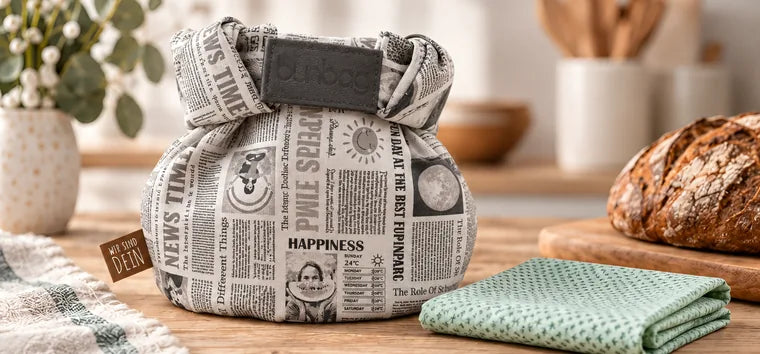Bunbag „Good News“ geschlossen neben einem gefalteten Eco Bee Wachstuch und frischem Brot