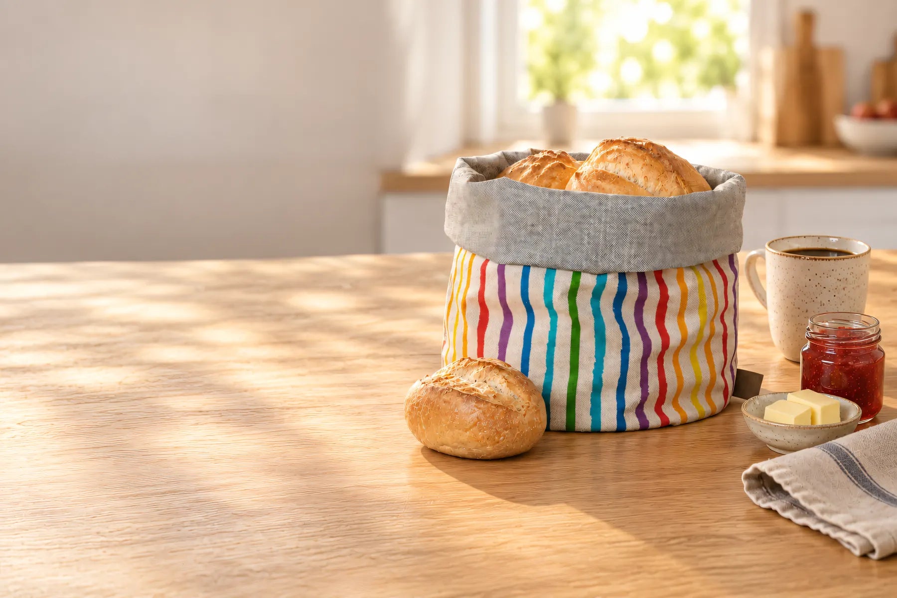 Bunbag „Wir sind Bunt“ umgekrempelt als Brotkorb mit Brötchen auf dem Frühstückstisch